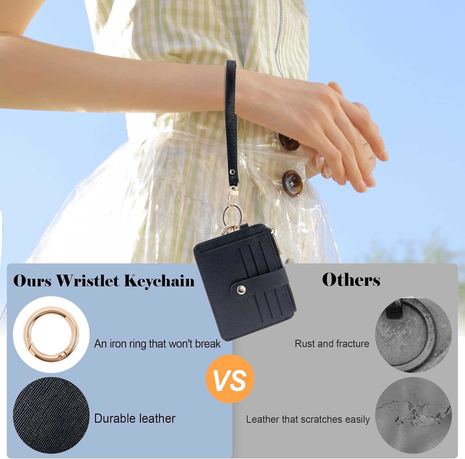 Keychain Wallet with Bracelet RFID Blocking Wristlet Credit Purse Card Holder Silicone Bead Tassel Key Ring for WomenZ250910