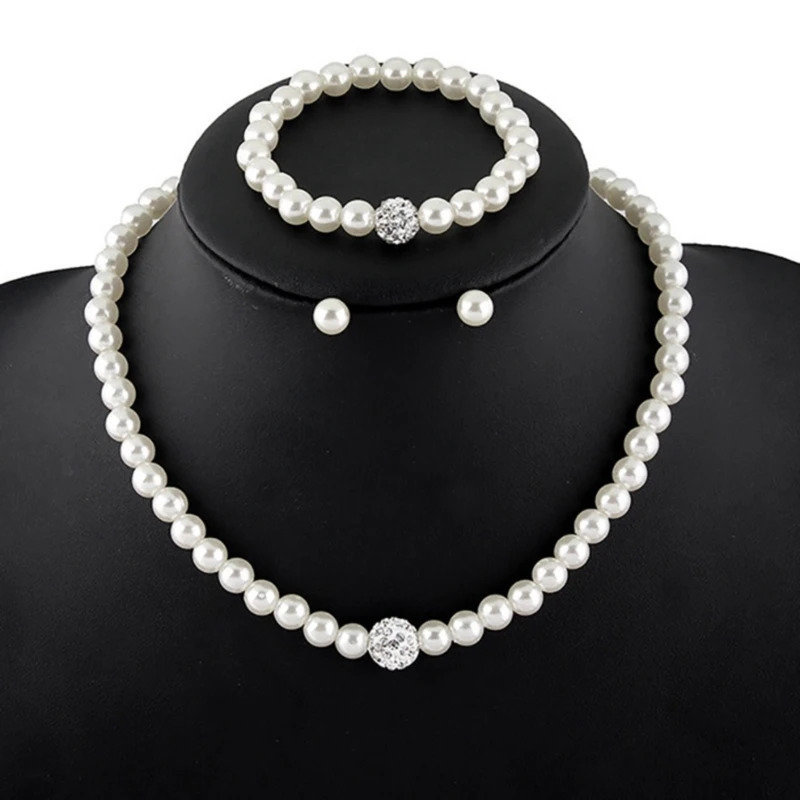 Fashion White Pearl Jewelry Sets y Rhinestone Ball Women Pearls Necklace Earrings Bracelet 250909