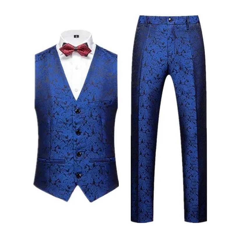 Jacquard Fabric VNeck SLeeveless Vest Jacket Trousers Mens Wedding Party Two Piece Set White Black Red M5XL 6XL W250910