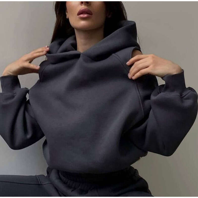 Women's European and American Two-Piece Solid Color Hooded Short Sweatshirt Leg Binding Pants Set 2025 Versatile Temperament New Trend Clothing I
