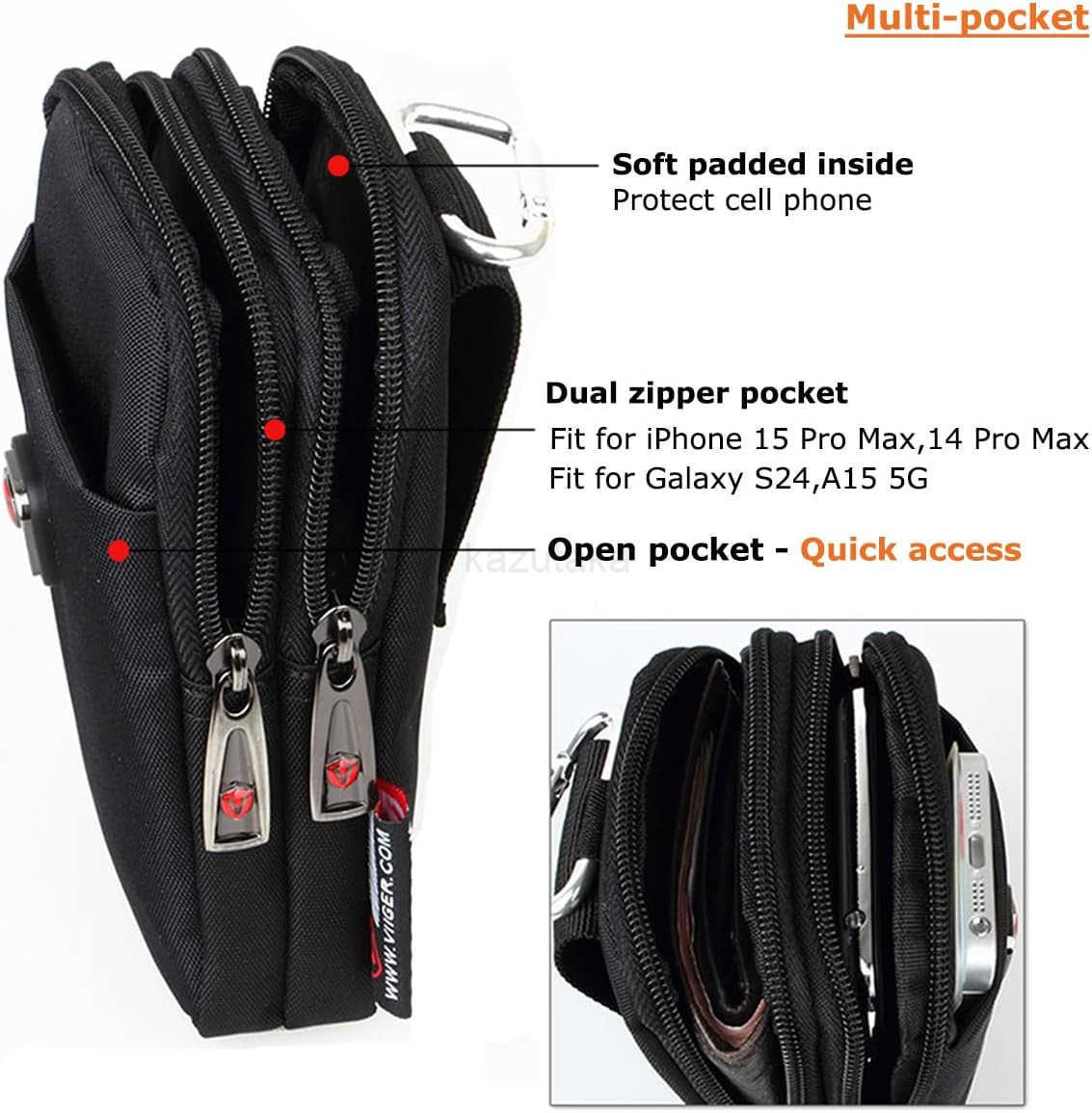 Versatile Nylon Dual Phone Holster Cellphone Belt Case Holder Mens Belt Pouch wClip Smartphone Belt Loop Pouch Bag 2 Zipper Pockets Compatible with iP