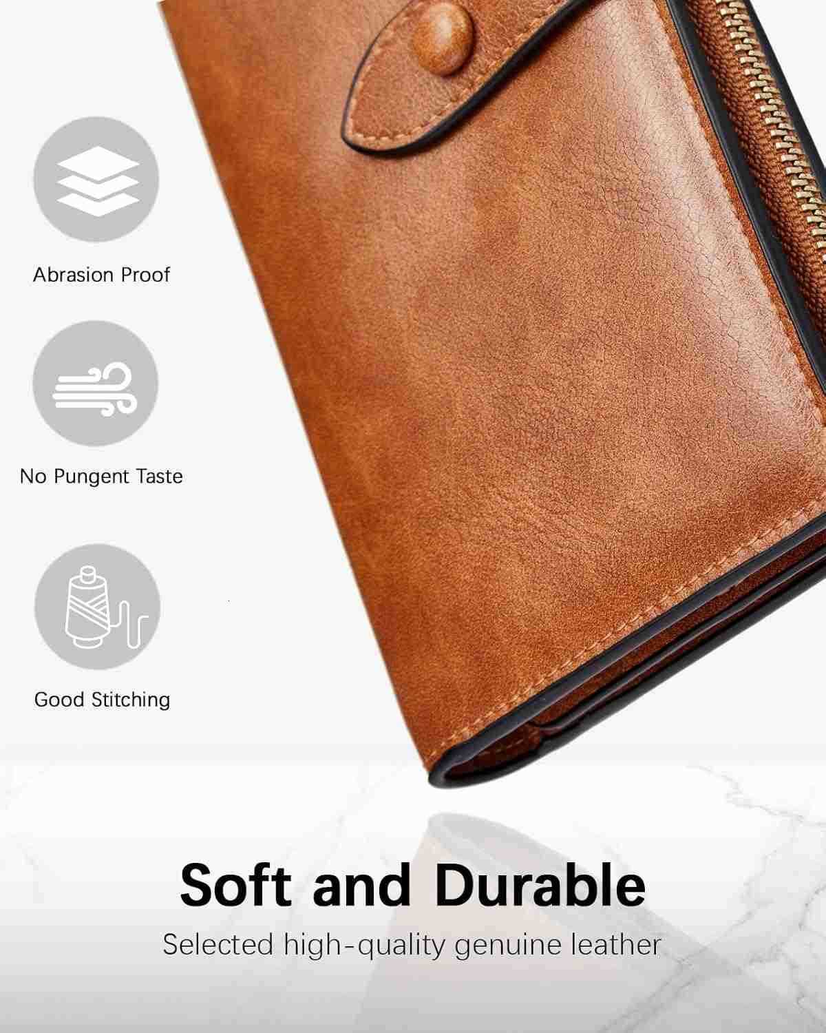 Womens Leather Wallets RFID Blocking Large Capacity Trifold Card Holder Ladies Phone Clutch BrownZ250910