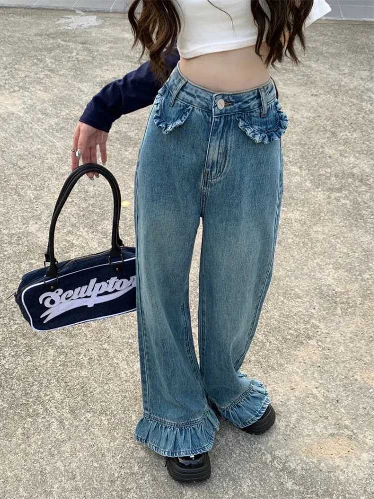 Ruffle Jeans Women Vintage American Style High Street Loose Hipster Y2k Denim Trousers Allmatch Flare Mopping Spring College Z250910