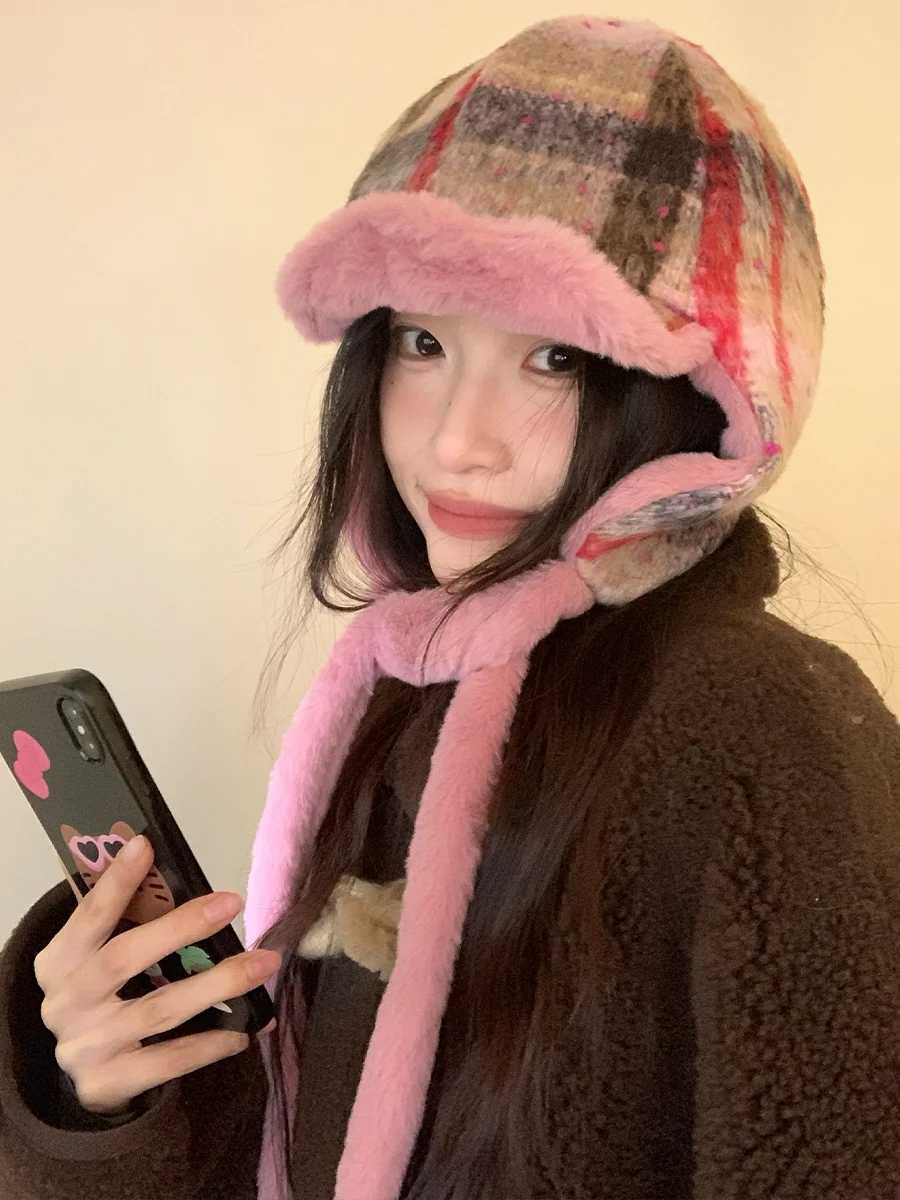 Pink Mao Zedong Style Hat With Stripes For Women Warm And Thickened Fleece Hat To Keep Ears Warm In WinterXJ250910