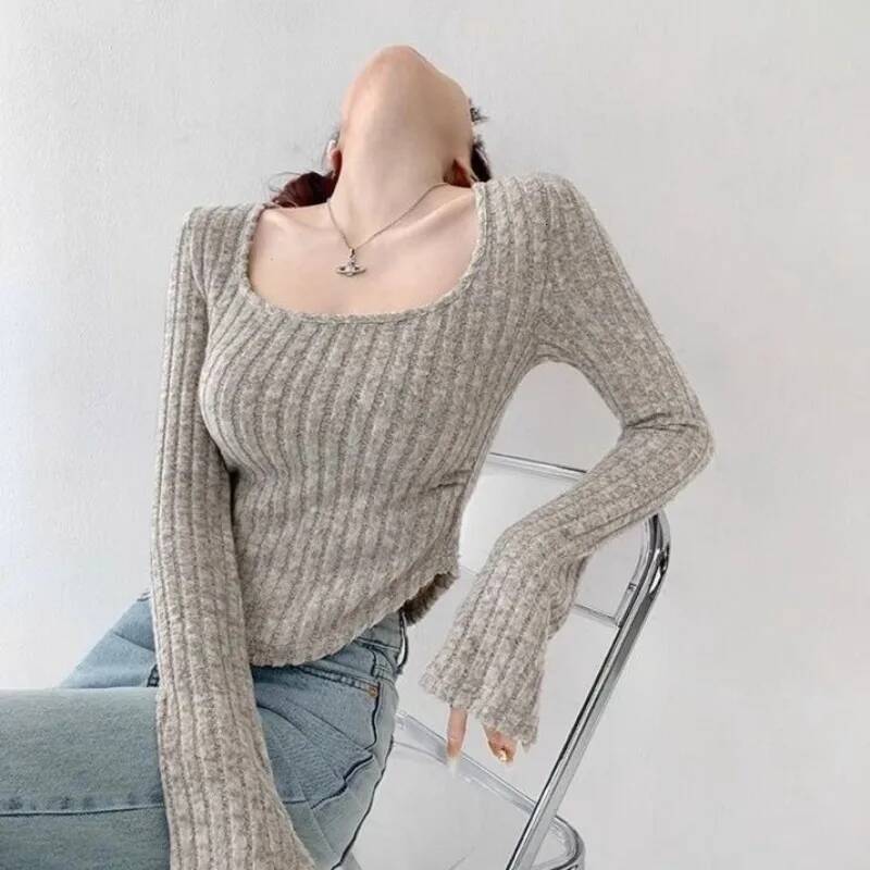 Sexy Pullovers Women Off Shoulder Cropped Knitted Basic Clothes Autumn All-match Side Slit Simple Tender Slim Gentle Seductive dongdumaoyi