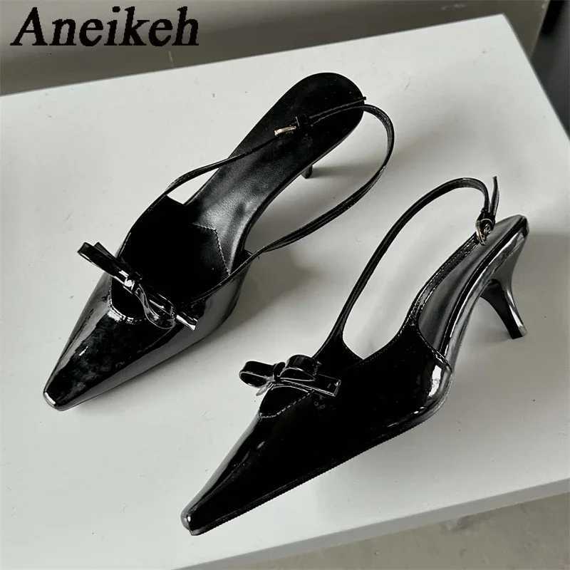 Aneikeh 2025 SummerDesigner Bowknot Buckle Strap Pumps Women Sexy Pointed Toe Thin Heels Wedding Banquet Dress Mule Ladies Shoes W250910
