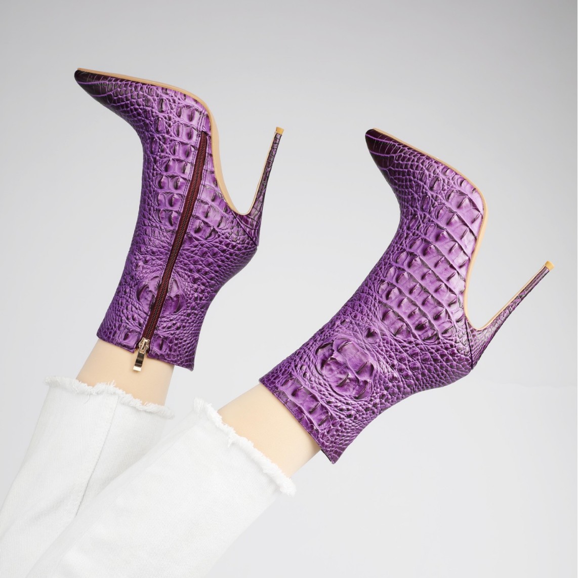 Chengdu Artisan 3D Crocodile Ankle Boots - Stiletto Heel Fashion Boots (Purple/Red/Cream) Custom Color Runway Boots