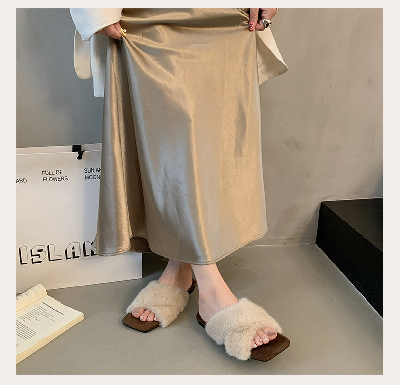 French square toe cross strap women's fur slippers for autumn and winter designer shoes for outdoor wear large cotton slippers for lazy people wo