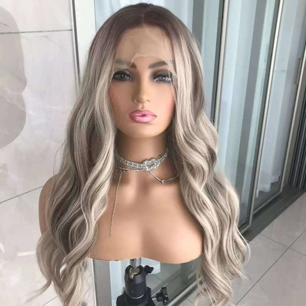 Body Wave Front Highlight Ash Blonde Frontal Wigs Pre Plucked Long Wavy Synthetic Lace Wig for Women