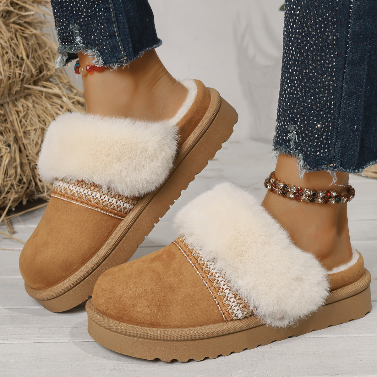 Free shipping Designer Boots Winter Fashion Commuter Thick Bottom with Velvet Thickened Warmth Snow Boots Baotou Slippers beige