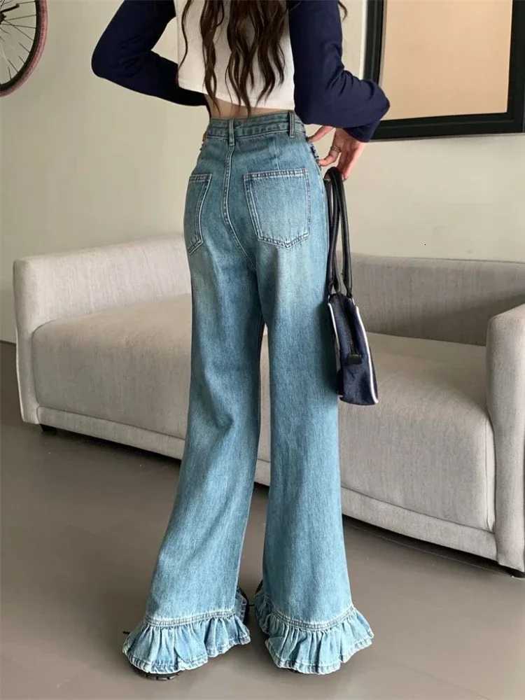 Ruffle Jeans Women Vintage American Style High Street Loose Hipster Y2k Denim Trousers Allmatch Flare Mopping Spring College Z250910