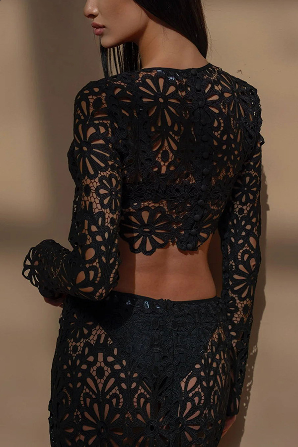 Slim Knit Crocheted Hollow Out Skirt Suit Women Long Flare Sleeve O-neck Crop Tops Hip Package Skirts Autumn Lady Beach Set 240813