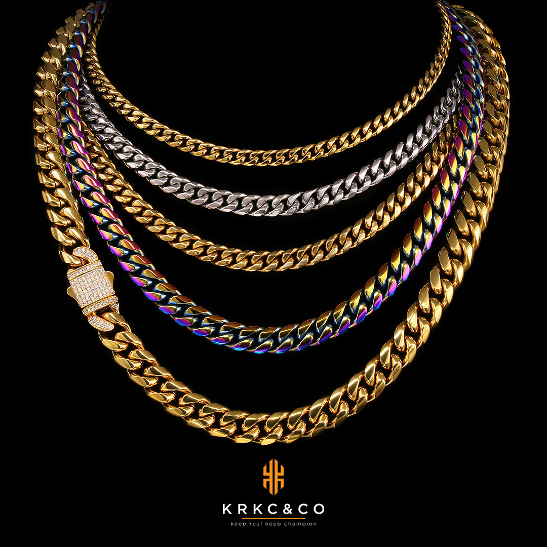 KRKC Wholesale Hip Hop Jewelry 14k 18k Gold Plated Curb Necklace Gold Filled Miami Stainless Steel Cuban Link Chain for Men