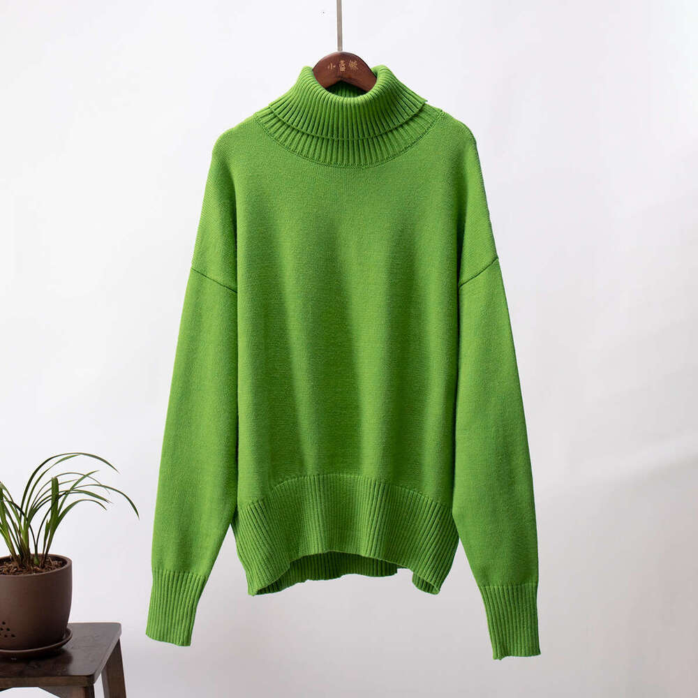 2025 European and American Autumn Winter Loose Knitted Pullover for Women, Solid Color Turtleneck Sweater