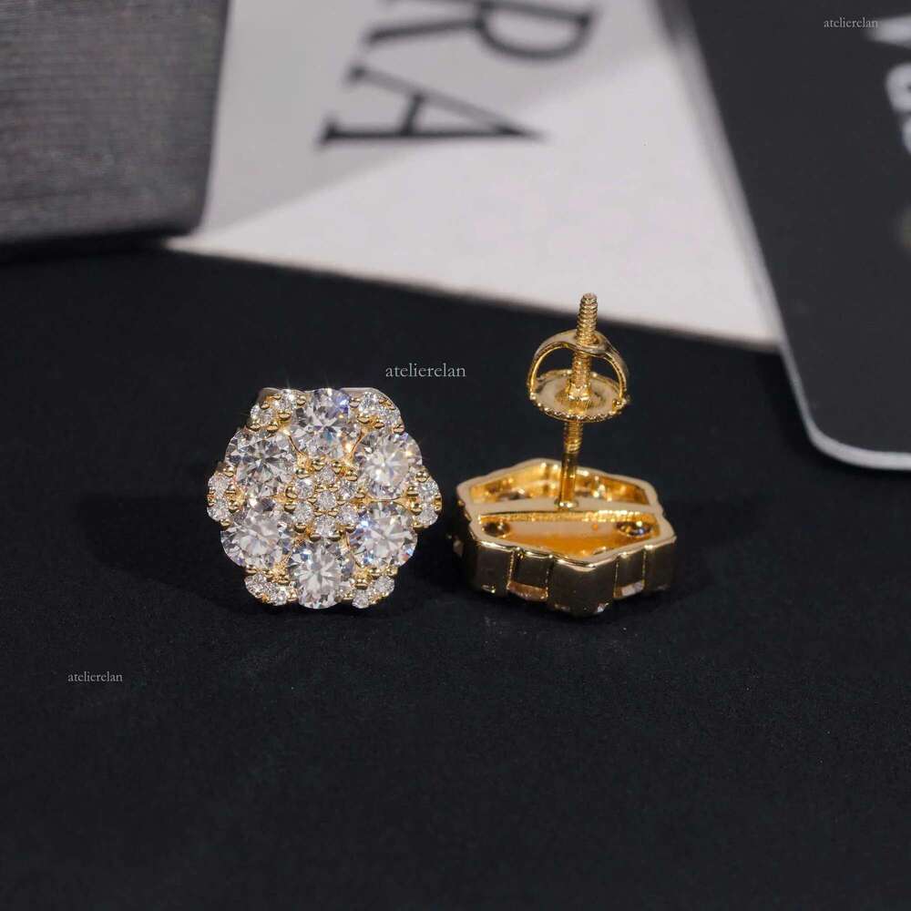 Fine Jewelry Flower Design Screw Back Ear Studs Iced Out Sterling Sier Gold Plated Moissanite Stud Earrings Ready To Ship