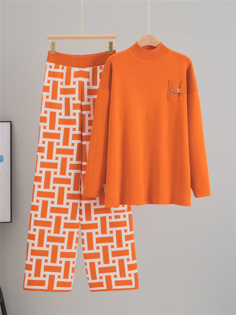 Women's Half High Neck Knit Sweater Set - Casual Wide Leg Pants Two-Piece Outfit