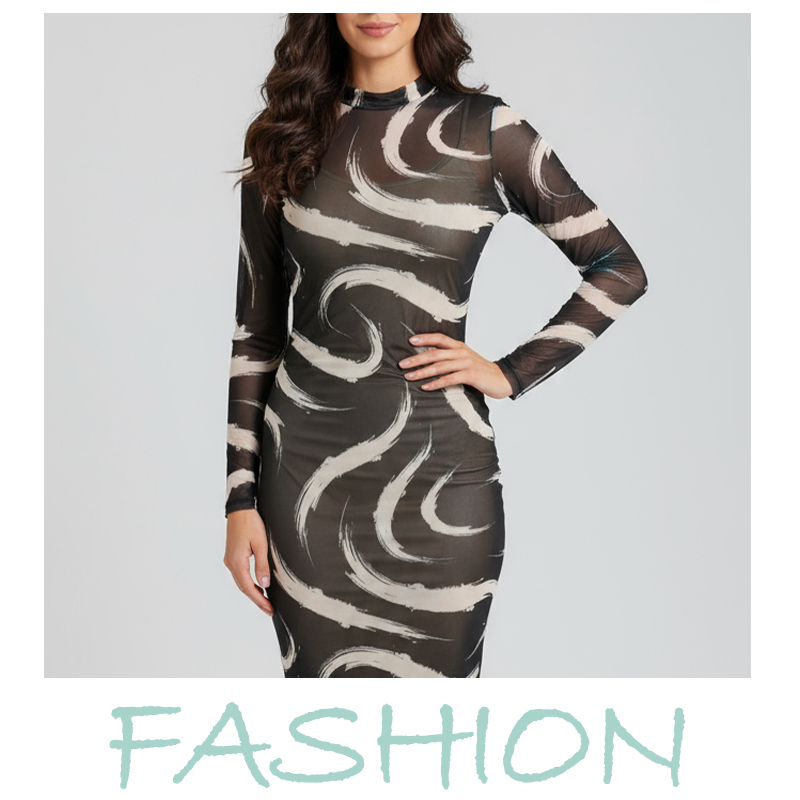 Basic Women's Sheer Mesh Long Sleeve Bodycon Dress with Abstract Swirl Print, Elegant Party Midi Dress