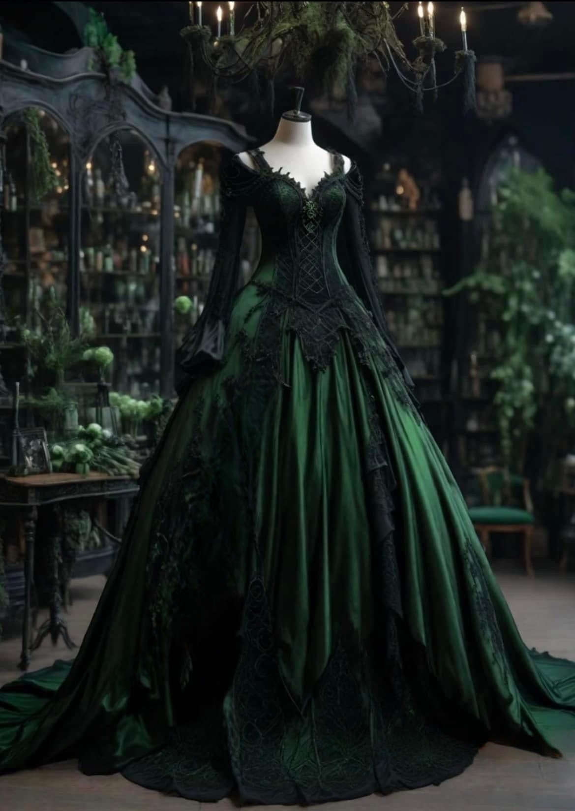 Gothic Black And Dark Green Evening Dresses Vintage Bridal Gowns Lace Appliques Long Sleeves Corset Special Occasion Dress