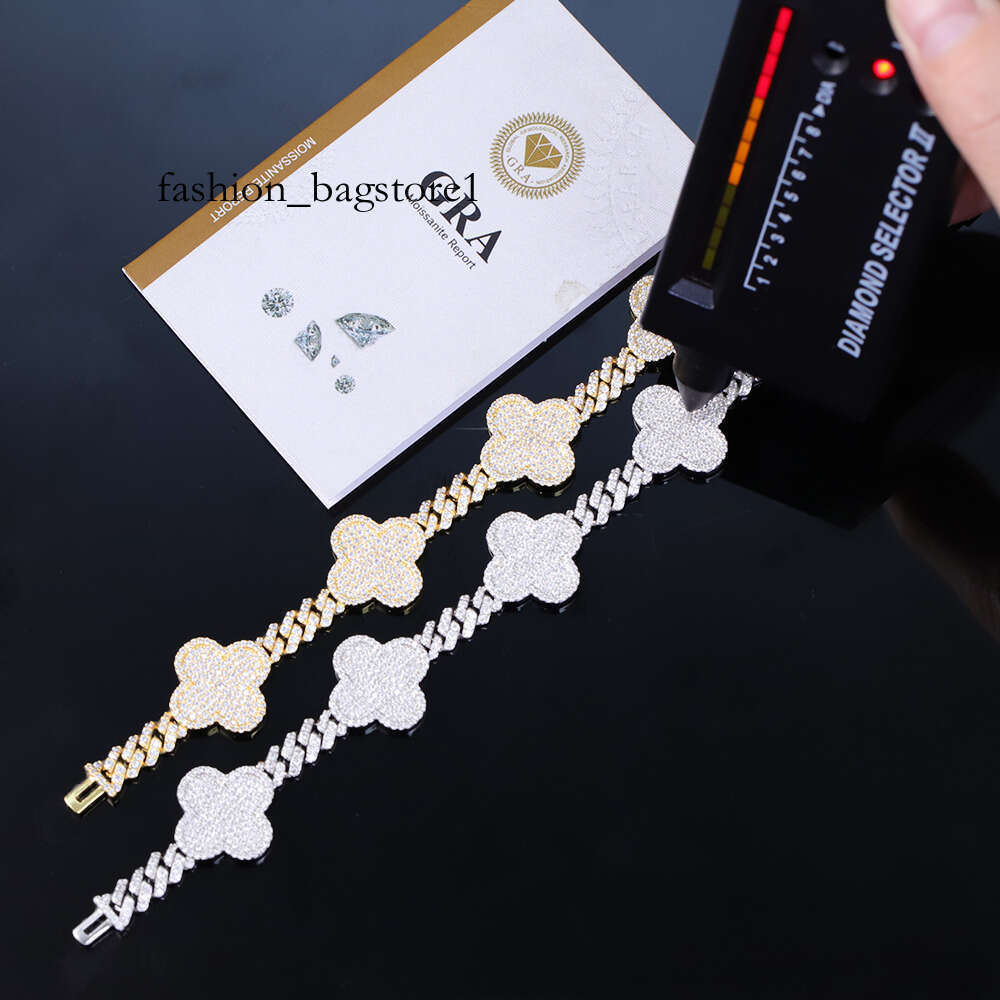 Lucky Four Leaf Clover Jewelry 6mm Wide Gold Plated VVS Moissanite For Men Sier Cuban Link Bracelet