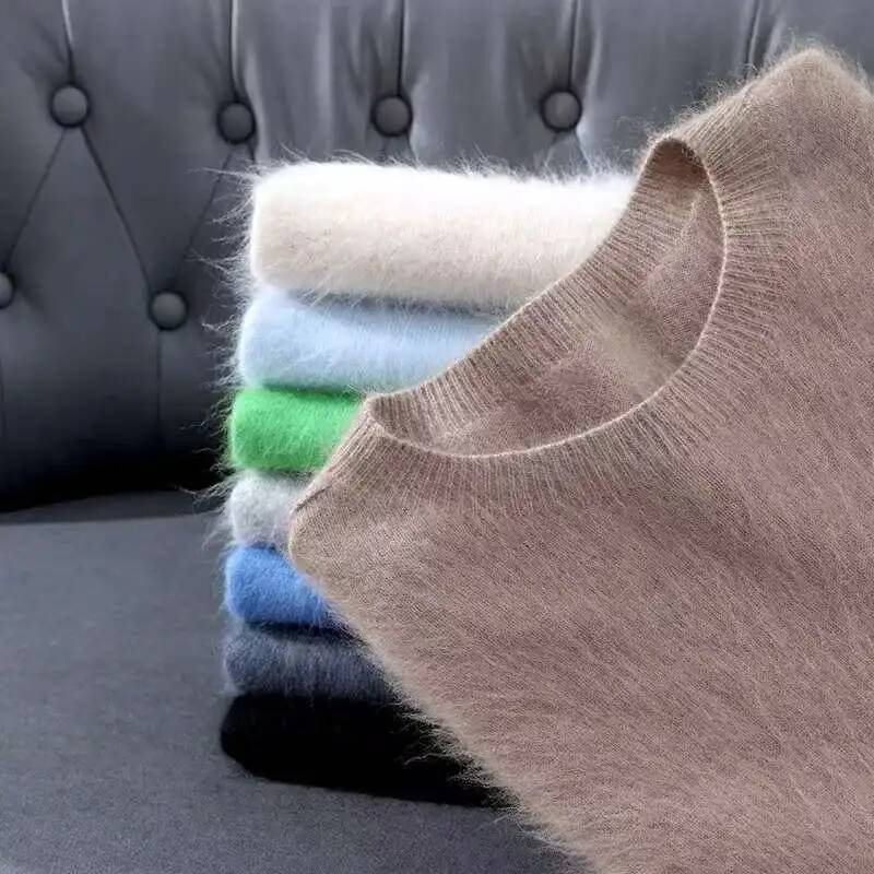 100% Mink Cashmere Knit Sweater Men's T-Shirt Spring Summer Loose O-Neck Solid Color Casual Business Base Pullover Short Sleeve dongdumaoyi