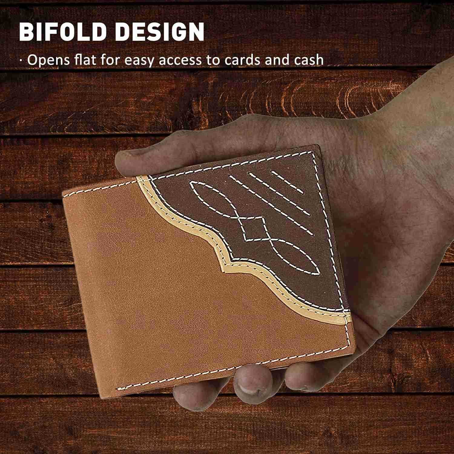 Mens Bifold Wallet with Contrast Corner Patch Genuine Leather Gift for HimZ250910