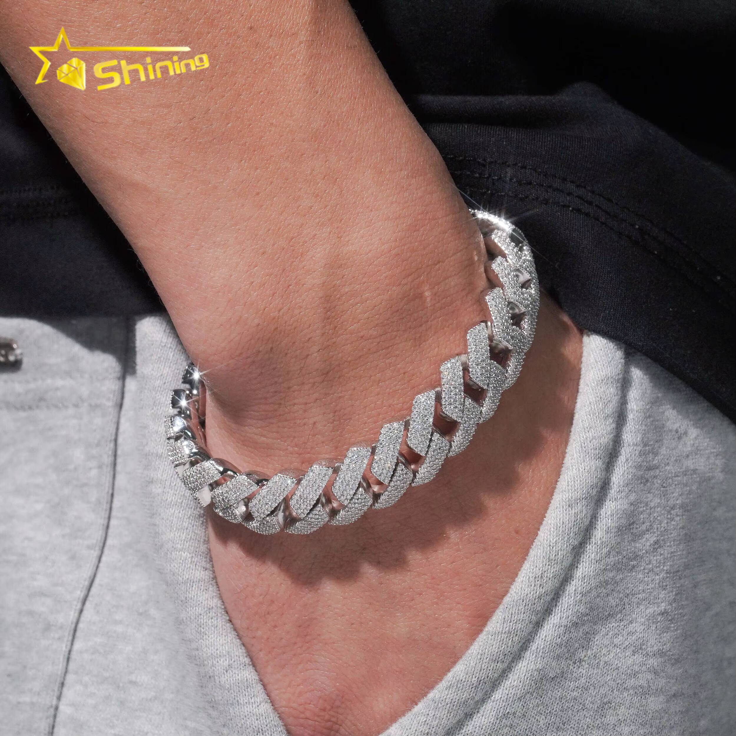 Fast Shipping 15mm 4Rows Shining Vvs Moissnaite Pass Diamond Test Iced Out Hip Hop Sterling Silver 925 Gold Plated Cuban Chain