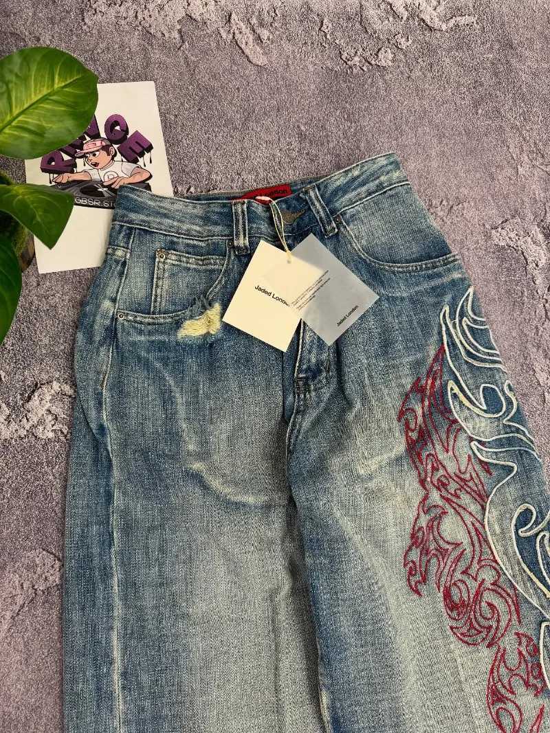 2025 American New Vintage Pop Pattern Embroidered Loose Jeans Women Y2K Fashion Gothic Straight Casual High Waist Wide Leg Pants Z250910