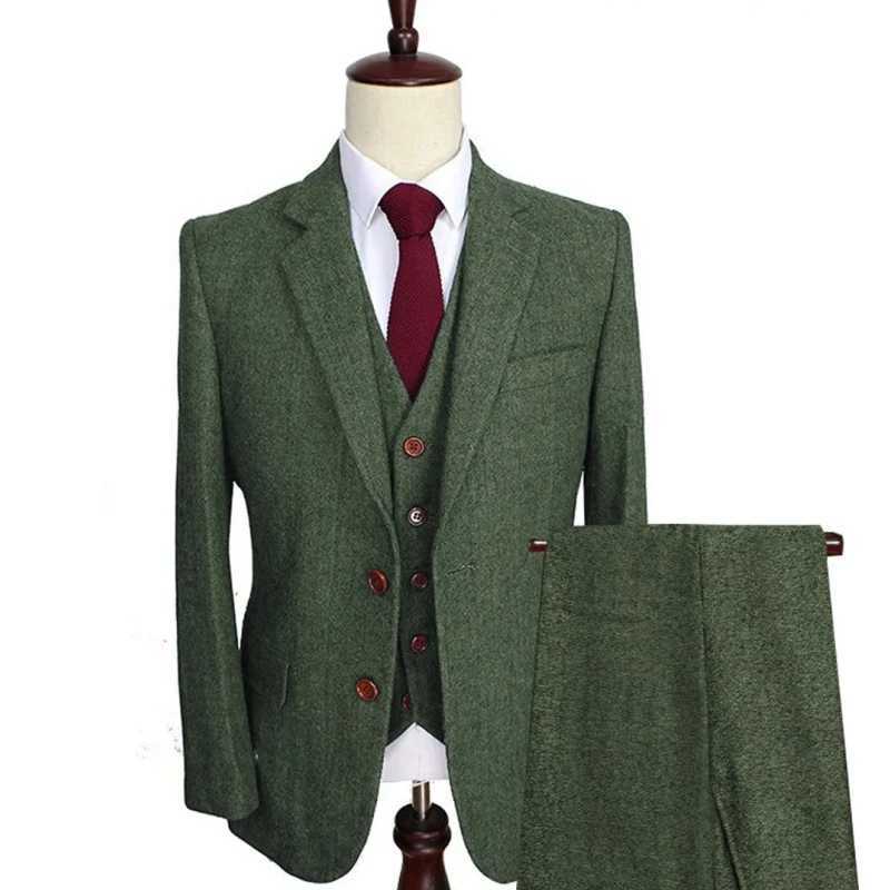 Men Suit 3 Pieces Army Green Tweed Formal Lapel Notch Regular Wedding Groom Banquet Work Tuxedos Set Jacket Vest With Pants W250910