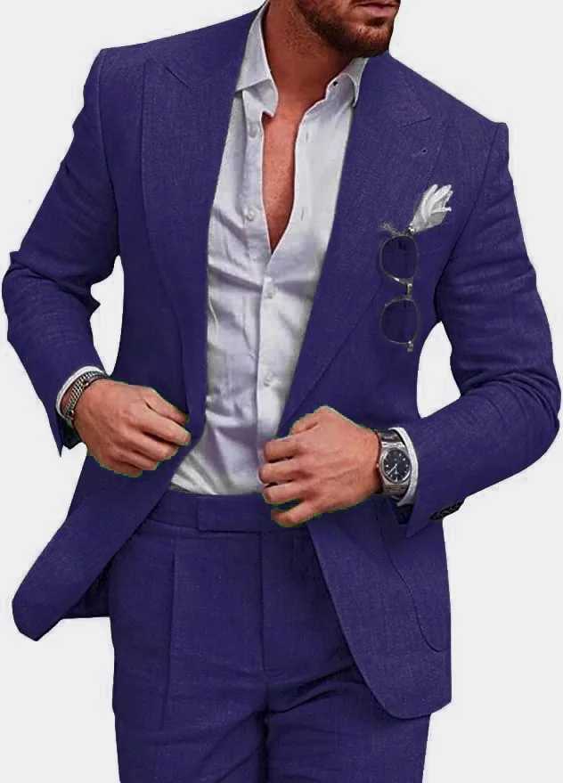 Korean Version Linen Solid Color Business Twopiece Set Mens Spring New Casual Back Slit Single Button Lapel Suit Trousers W250910