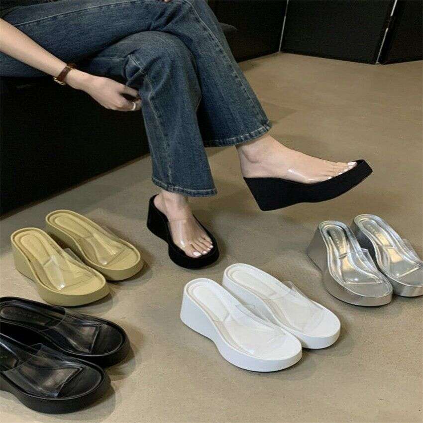 Trendy Designer Shoe Transpnt Wedge Sandals for Women 2025 Summer Small Size Thick Sole Slimming Fairy Style Slip-On Slides