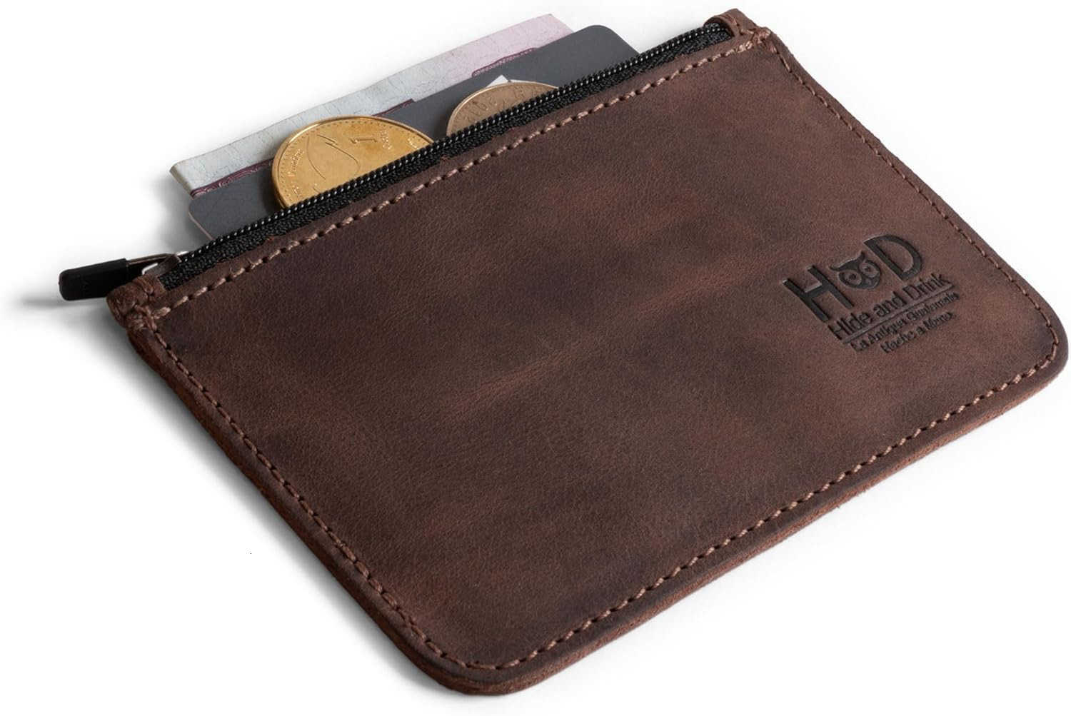Zippered Wallet Card Case Folded Bills Storage Coin Organizer Travel Accessories Full Grain Leather Handmade Bourbon BrownZ250910