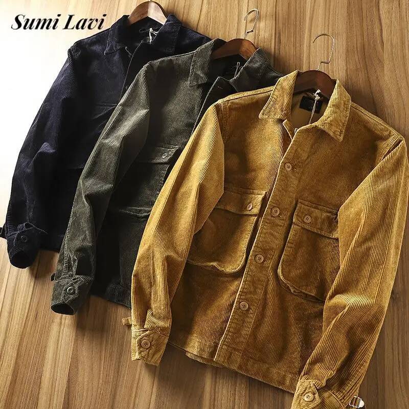 Fashionable Mens Corduroy Cargo Jackets 2025 Spring Fall Casual Solid Color Button Turn-down Collar Coats For Men Vintage Jacket