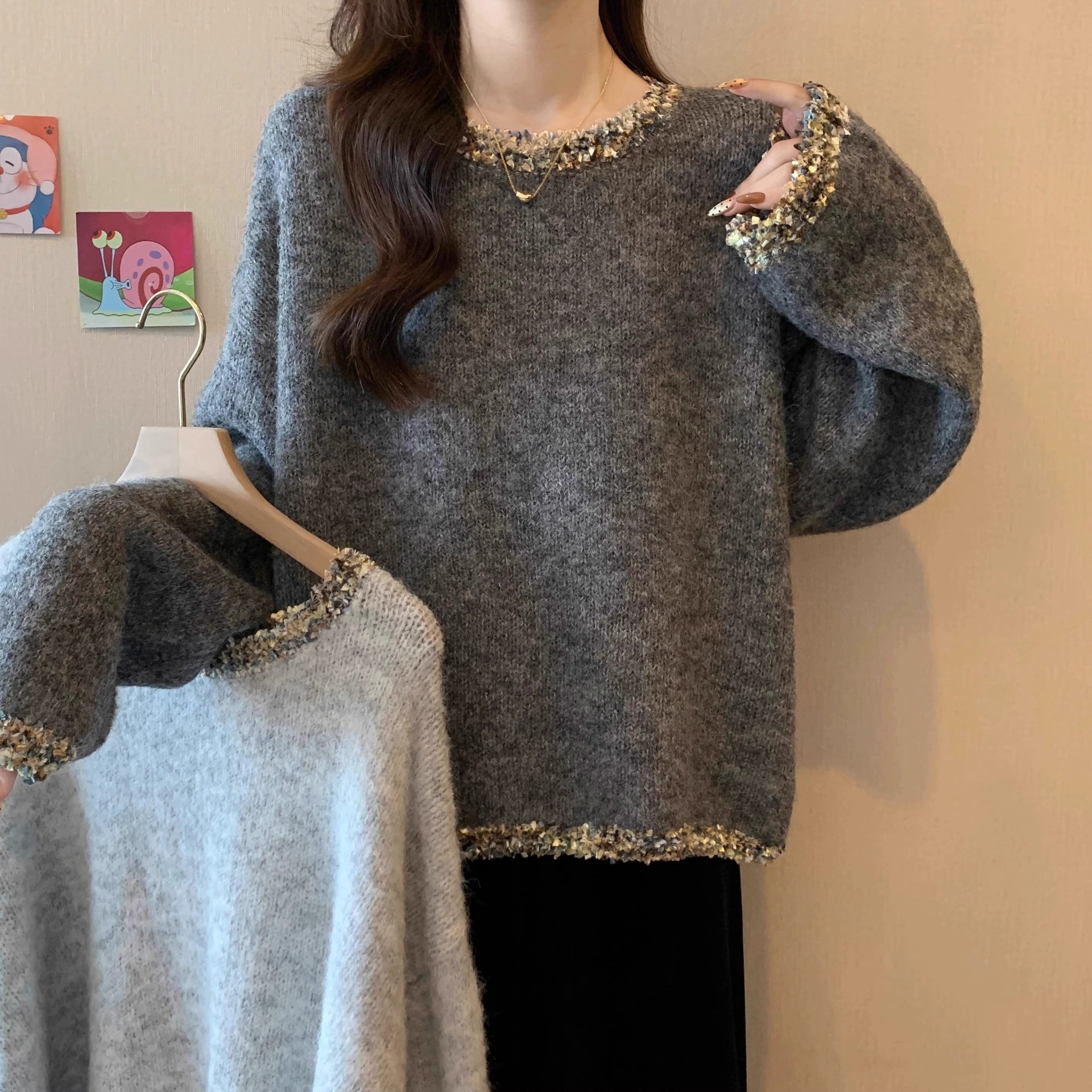 2025 French New Thick Craftsmanship Shiny Knitted Sweater Grey Women's Sweater Autumn/Winter Plus Size Fat MM Basic Shirt design Lightweight Desi