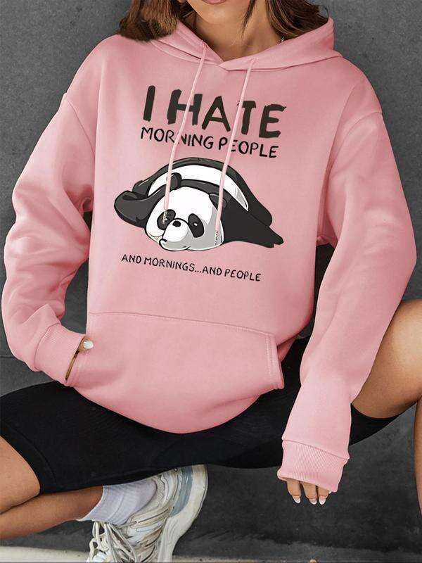 Women's Cartoon Panda Letter Print Drop Shoulder Hoodie, Fashion Casual Drawstring Pocket Hooded Sweatshirt Daily Holiday Outdoor Wear, Women Clo