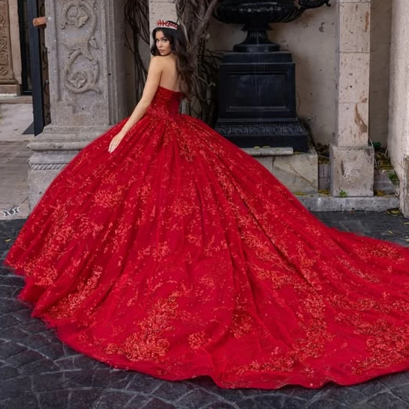 Red Quinceanera Dresses Ball Gown Off The Shoulder Sequin Applique Lace Beads Tull Sweet 16 Dress Vestidos 15 De Anos