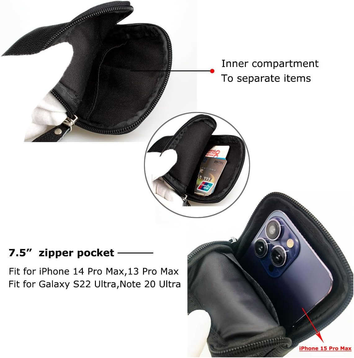 Leather Cell Phone Pouch Cellphone Belt Clip Holster Compatible with iPhone 16 Pro Max 15 Pro Max with Phone Case Dual Pocket Universal Smartphone Bel