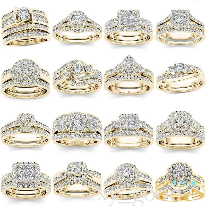 2022 new fashion Wedding Rings 2Pcs Bridal Set Elegant Crystal Engagement Ring Gold Color Round Heart Zircon For Women Boho Jewelry new