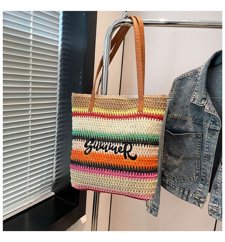 Lanjia- Handmade Straw Tote For Women, Large Capacity Commuter Bucket Single Shoulder Underarm Bag, Unique Rainbow Color Block Shopping Bag B2df9