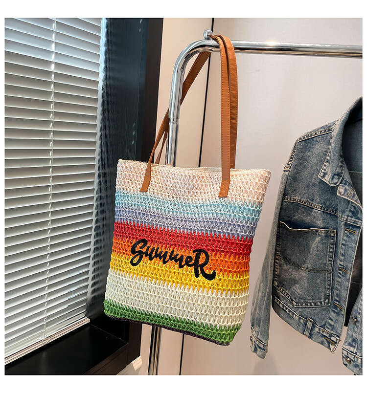 Lanjia- Handmade Straw Tote For Women, Large Capacity Commuter Bucket Single Shoulder Underarm Bag, Unique Rainbow Color Block Shopping Bag B2df9