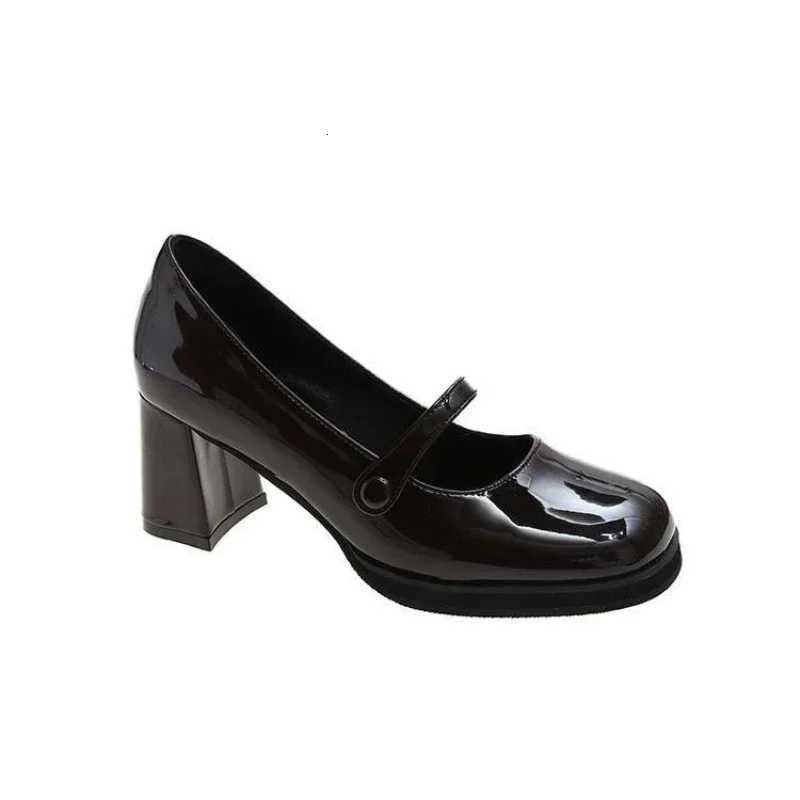 Comemore Summer New Patent Leather Brown Shoes Vintage Thick High Heels Shoes Women Woman Square Toe Chunky Heels 2025 black W250910