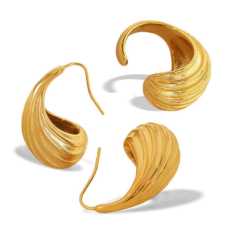 French Style Light Luxury Gold-Plated Geometric Stripe Hollow Earrings Ring Open Set Fashion New Model