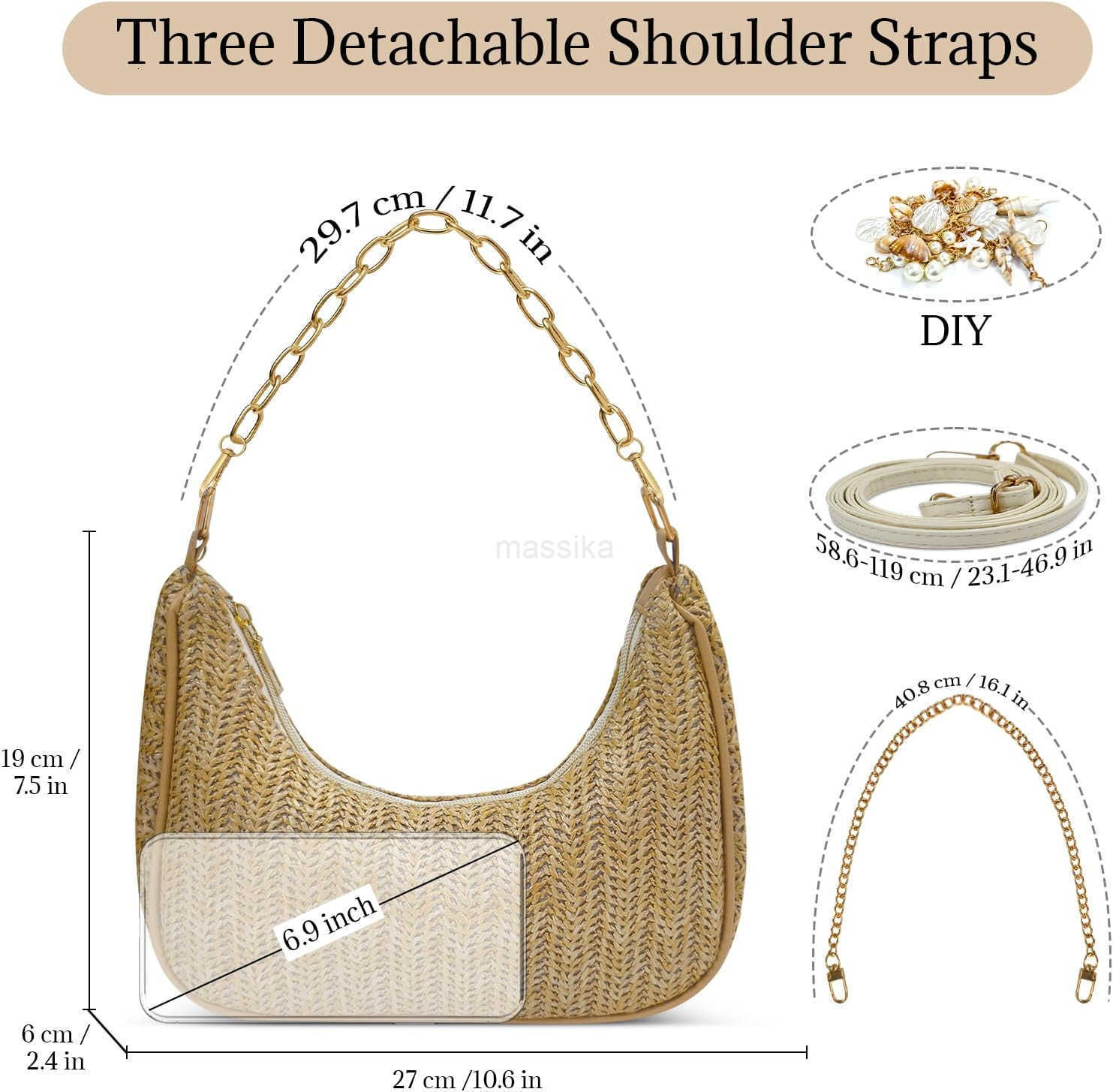 Beach Purse Straw Shoulder Bag for Women Summer Purse with Shell Pearl Bag Charms 2Pcs Detachable Strap Chain M250910