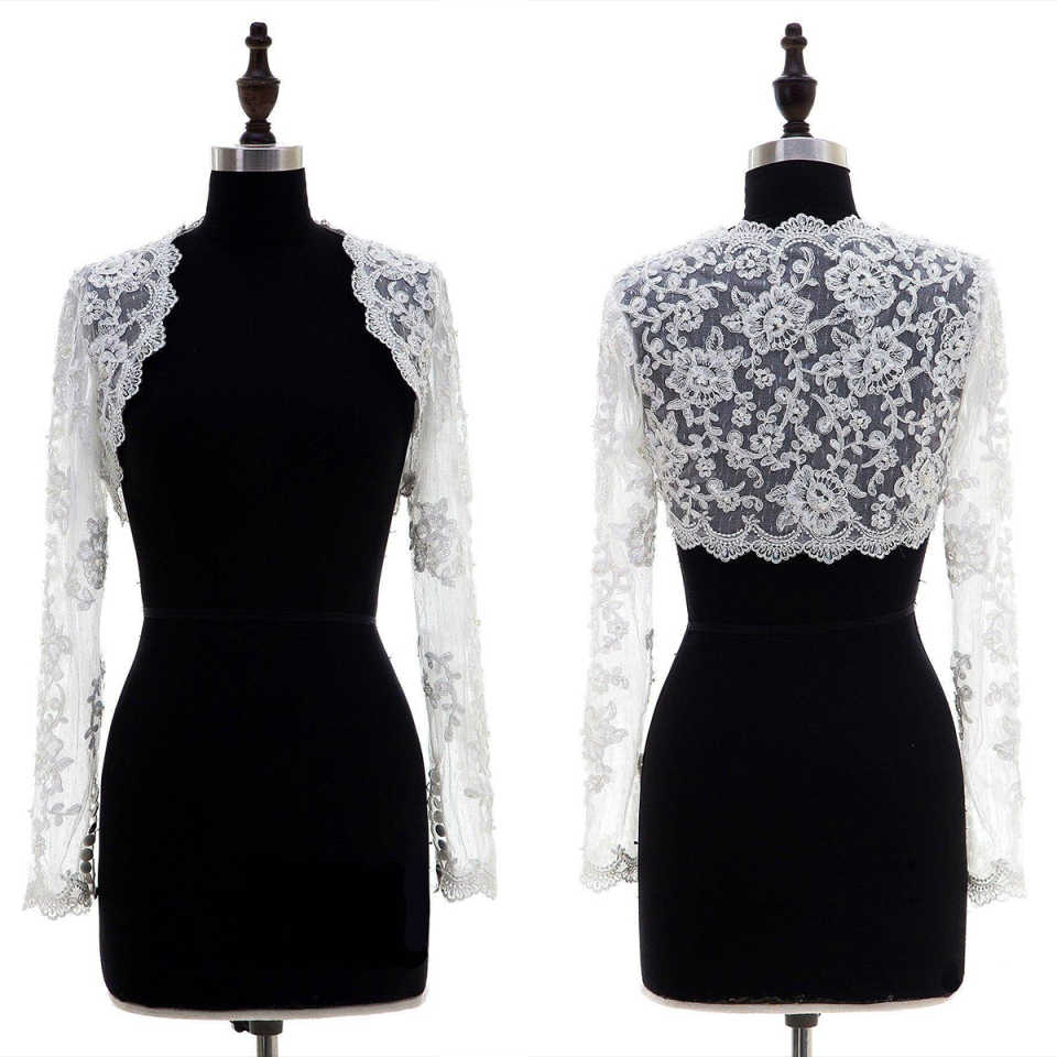 New Arrive White Ivory Bridal Bolero Lace Appliques Wedding Accessories Bridal Wraps Jackets Front Open Long Sleeve Customized