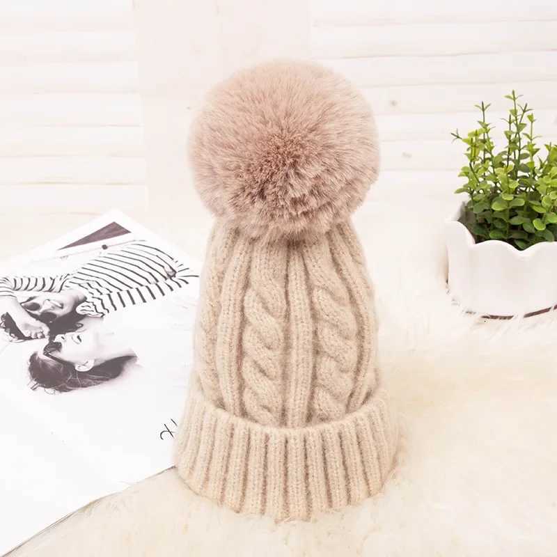 Fashion Warm Knitted Womens Hat Striped Winter Hats For Women Pink Fur Pompom Wool Beanies Thick Skullies C faux Pom pom HatXJ250910