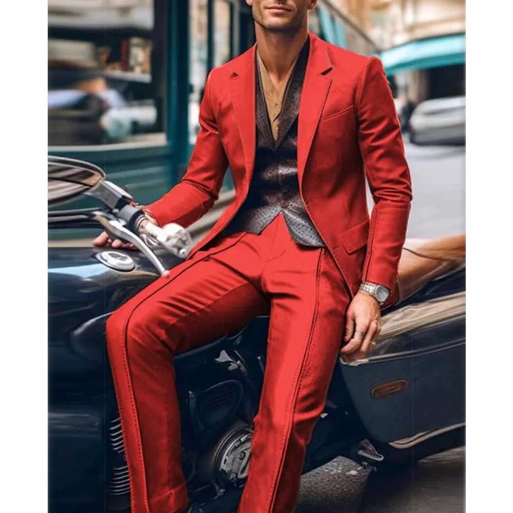 Casual Mens Blazer and Pants 2 Piece Set Lapel Long Sleeve PU Leather Jacket Men Business Casual Prom Suit Motorcycle Style W250910