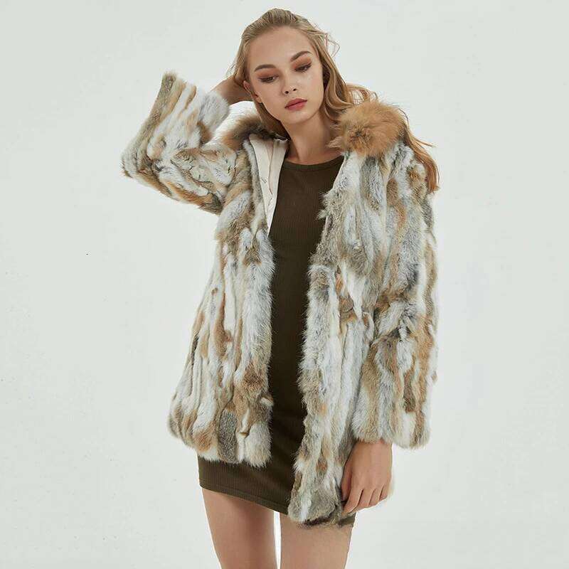 Designer Clothing 2025 Women Natural Hooded Coat Winter Warm 100% Genuine Jacket With Raccoon Collar Lady Real Rabbit Fur Outerwear Luxury Bag