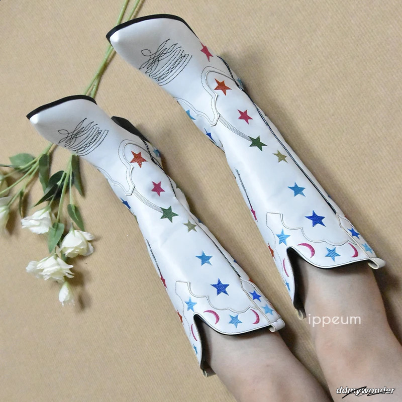 White Boots Star Western Knee High Shoes For Women Plus Size 43 Cowgirl Vintage Embroider Botte Cowboy Femme 240724 ddmywonder