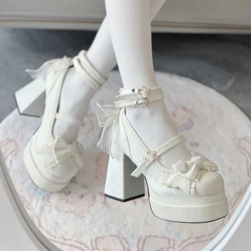 Platform High Heel Women Lolita Shoes Fashion Shallow Butterflyknot Shoes Ladies Party Dress Cross Strap Pumps Shoes W250910