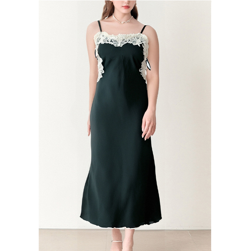 Urban Sexy Dresses Women's Dark Green Spaghetti Strap Maxi Dress with Lace Trim, Elegant Summer Party Dress