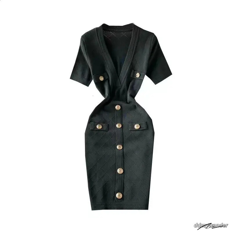 Womens Solid Deep Vneck Short Sleeve Elegant Aline Dress Springsummer Single Chest Office Knitted Wrap Hip Skirt 240826